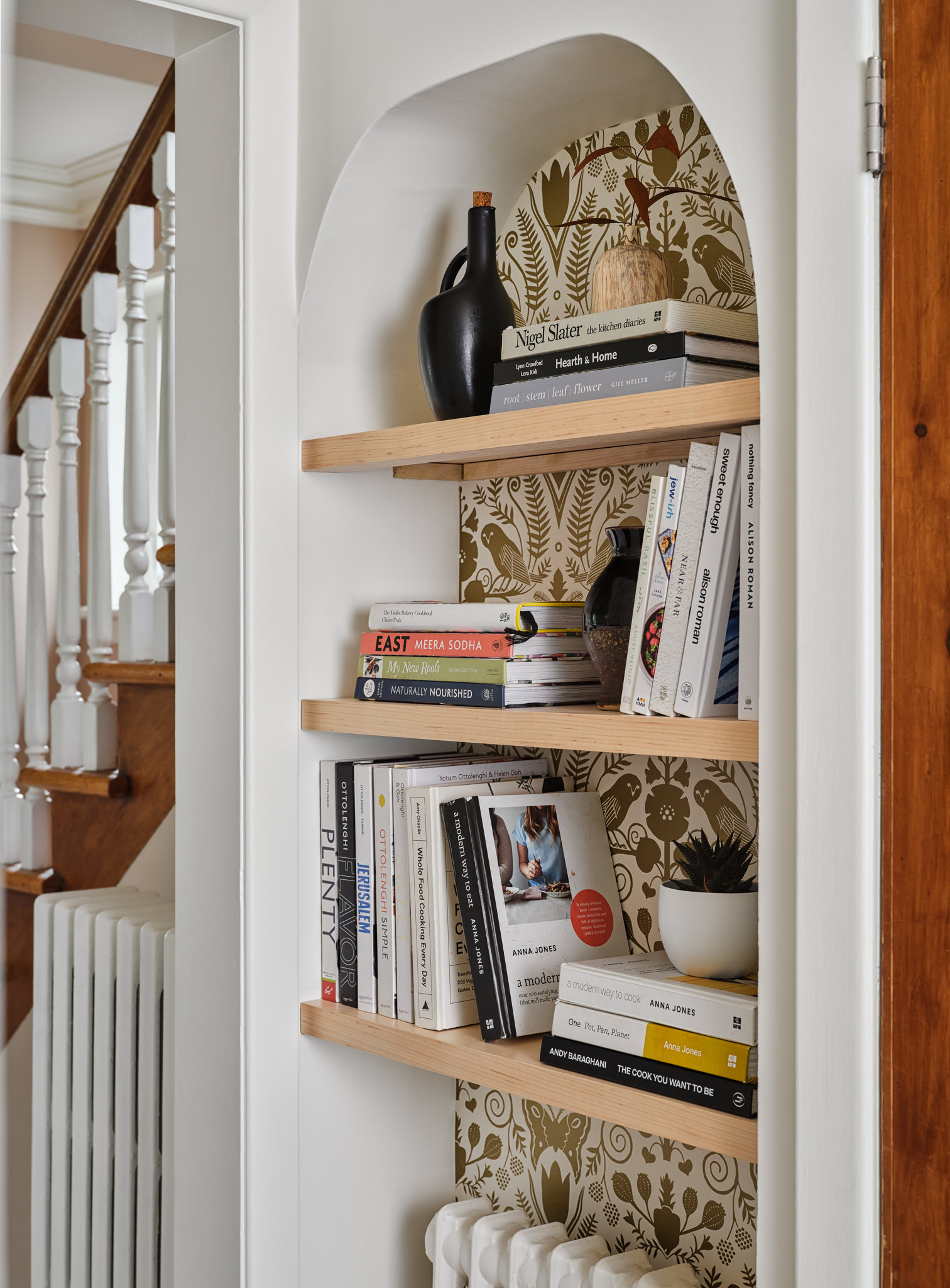 custom built in shelving in hallway